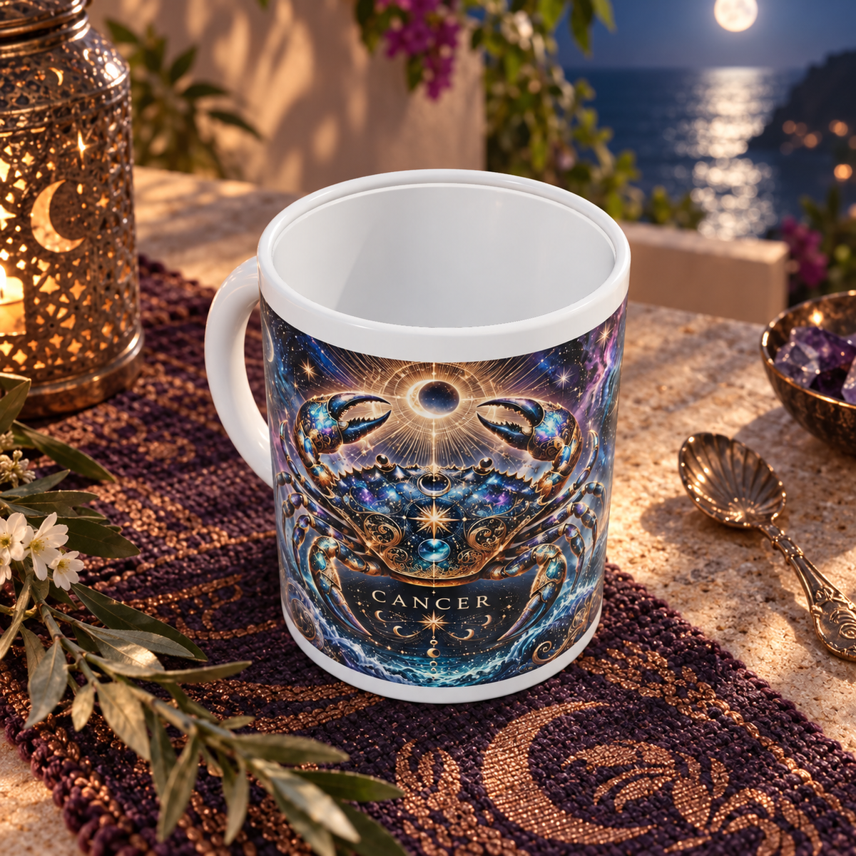 Cancer Cosmic Tapestry zodiac wraparound mug, above view with white top and bottom borders