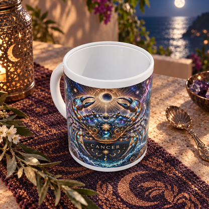 Cancer Cosmic Tapestry zodiac wraparound mug, above view with white top and bottom borders