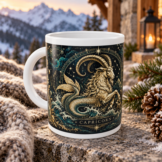 Capricorn Celestial zodiac wraparound mug, front view with white top and bottom borders