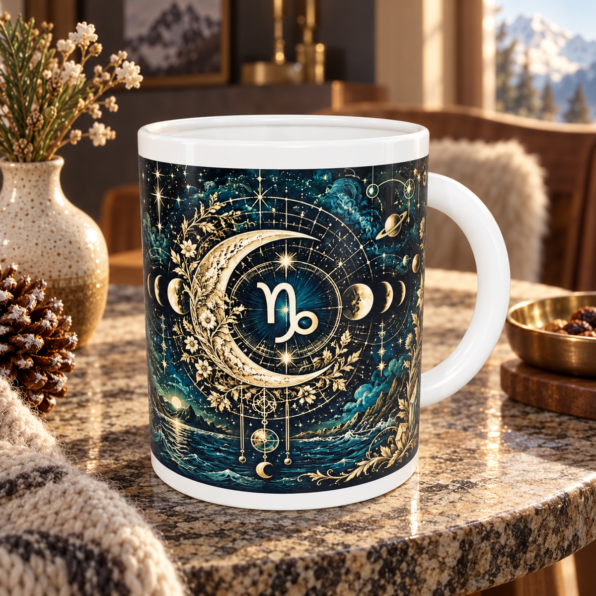 Capricorn Celestial zodiac wraparound mug, back view with white top and bottom borders