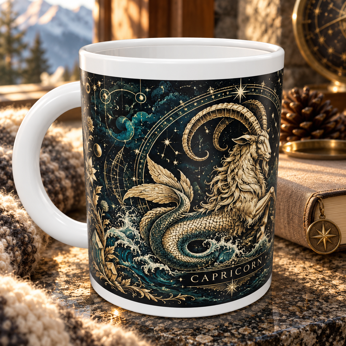 Capricorn Celestial zodiac wraparound mug, detail view with white top and bottom borders