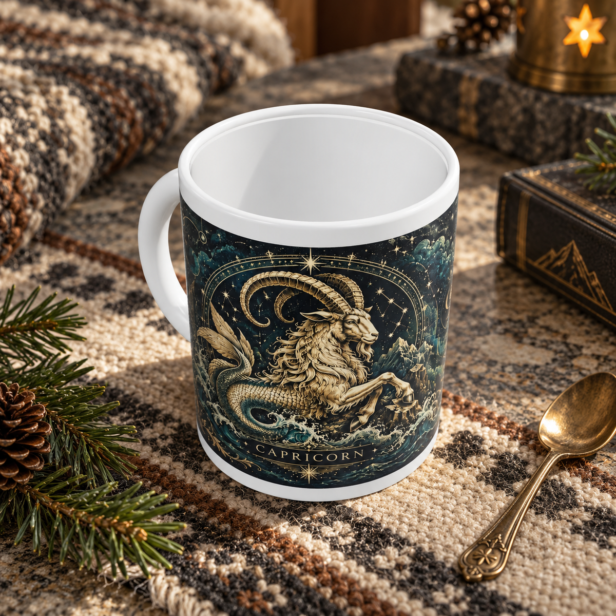 Capricorn Celestial zodiac wraparound mug, above view with white top and bottom borders