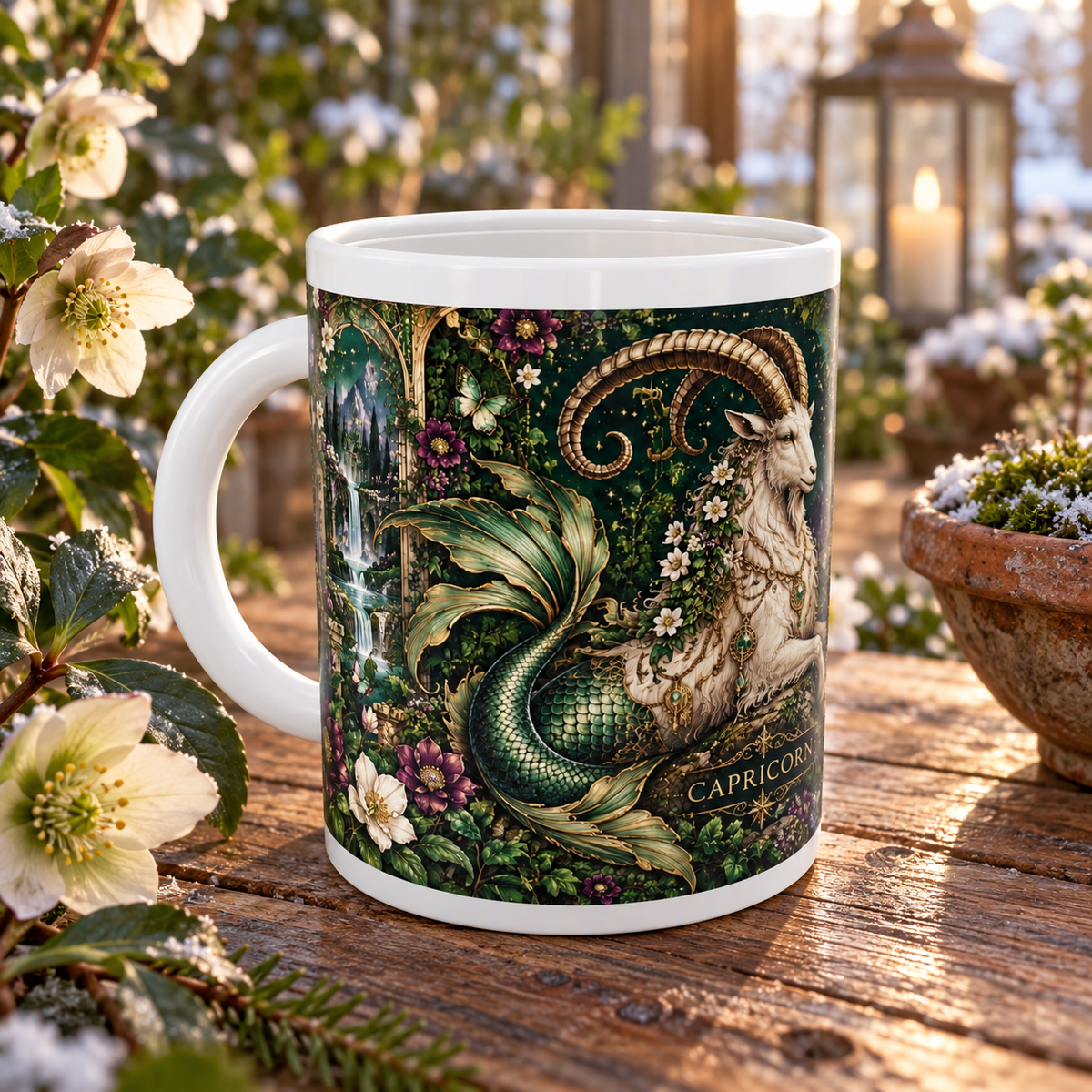 Capricorn Enchanted Garden zodiac wraparound mug, front view with white top and bottom borders