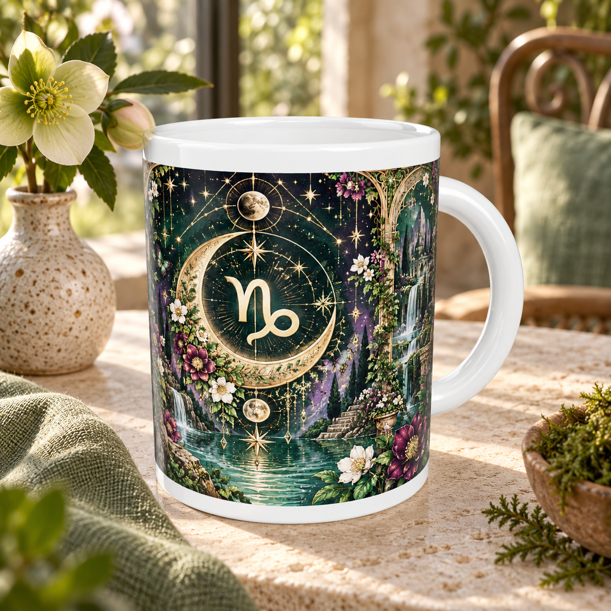 Capricorn Enchanted Garden zodiac wraparound mug, back view with white top and bottom borders