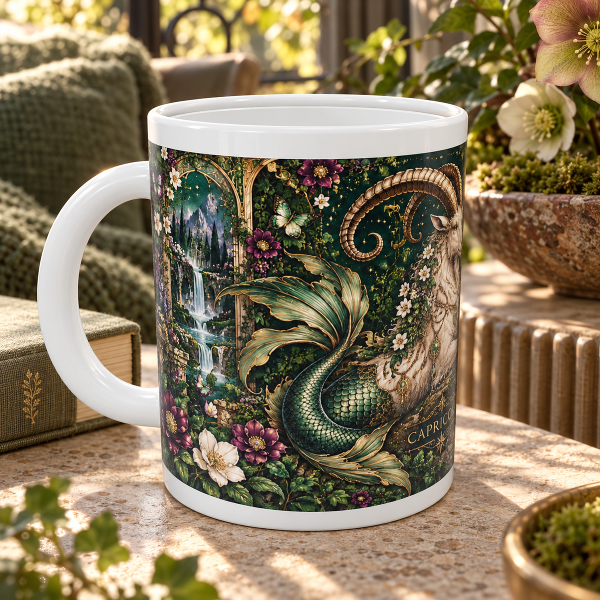 Capricorn Enchanted Garden zodiac wraparound mug, detail view with white top and bottom borders