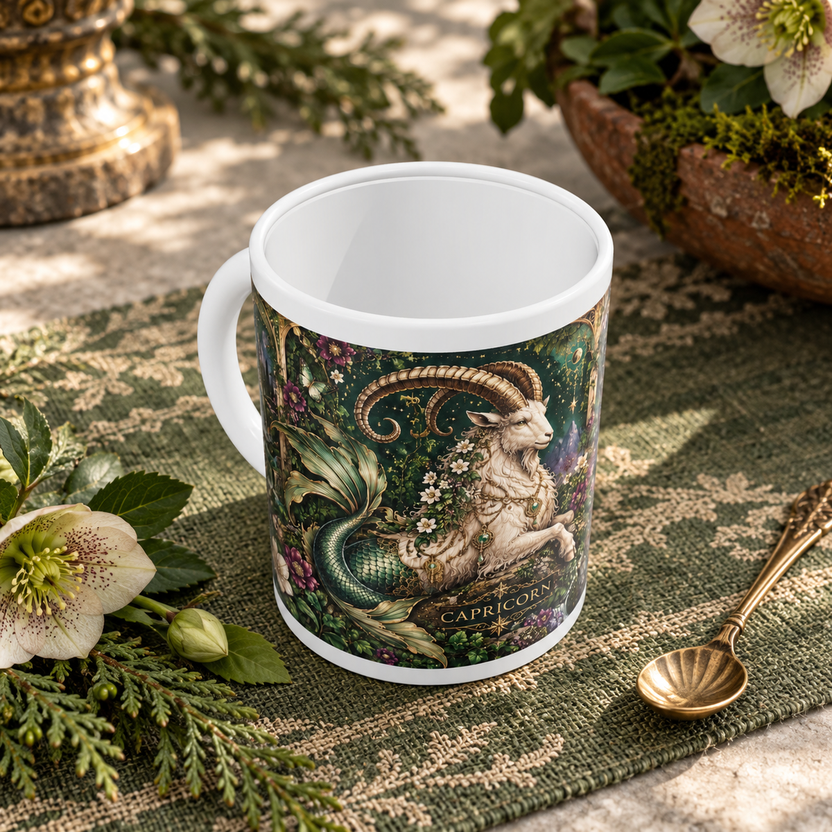 Capricorn Enchanted Garden zodiac wraparound mug, above view with white top and bottom borders