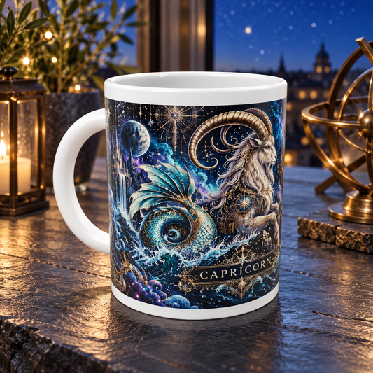 Capricorn Cosmic Tapestry zodiac wraparound mug, front view with white top and bottom borders
