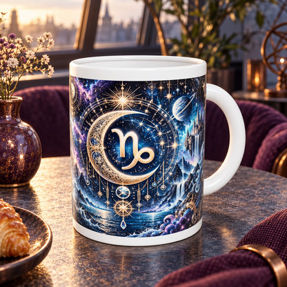 Capricorn Cosmic Tapestry zodiac wraparound mug, back view with white top and bottom borders