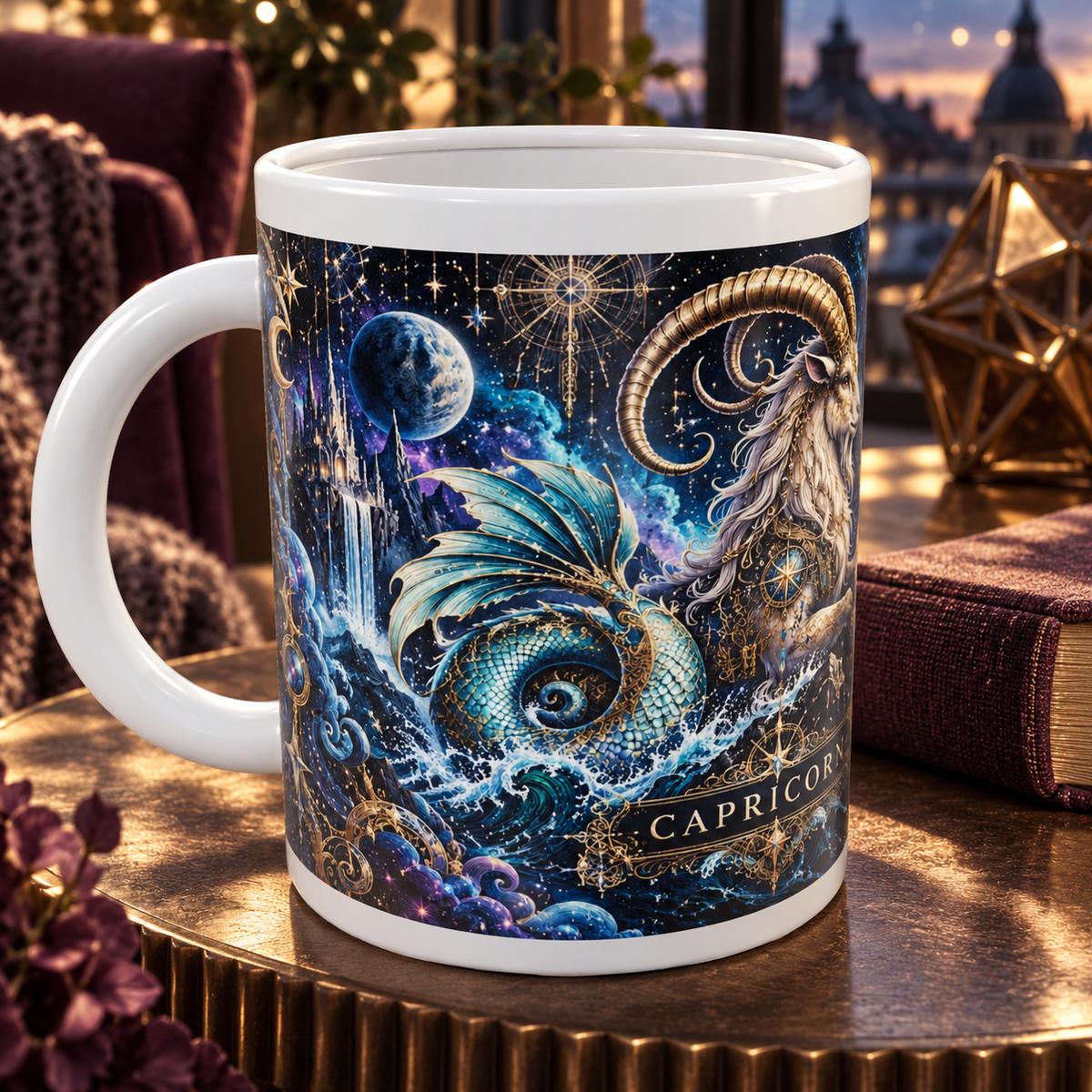 Capricorn Cosmic Tapestry zodiac wraparound mug, detail view with white top and bottom borders