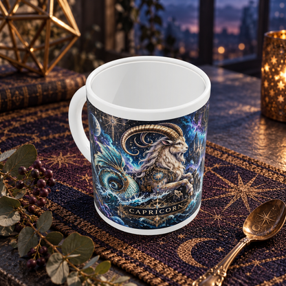 Capricorn Cosmic Tapestry zodiac wraparound mug, above view with white top and bottom borders