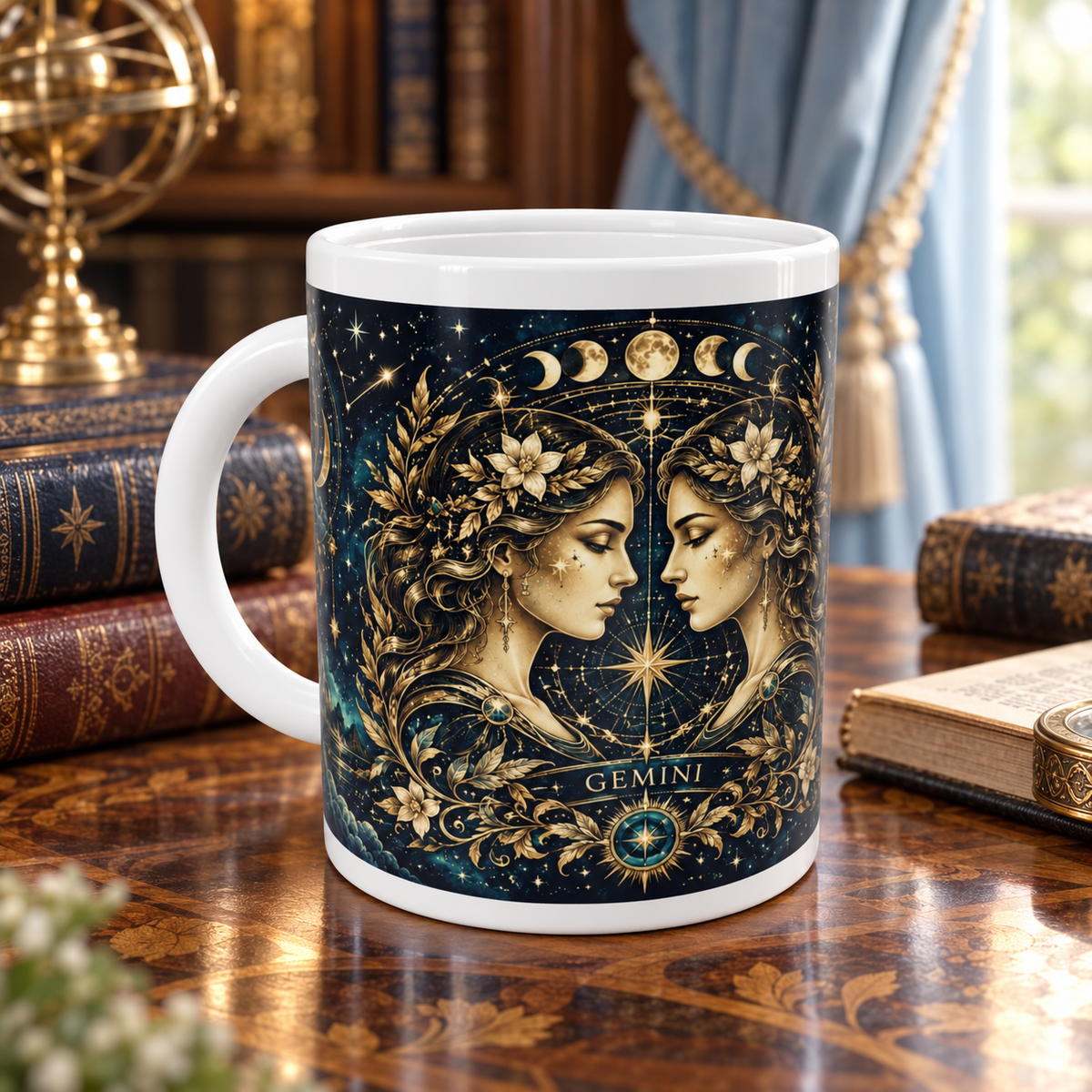 Gemini Celestial zodiac wraparound mug, front view with white top and bottom borders