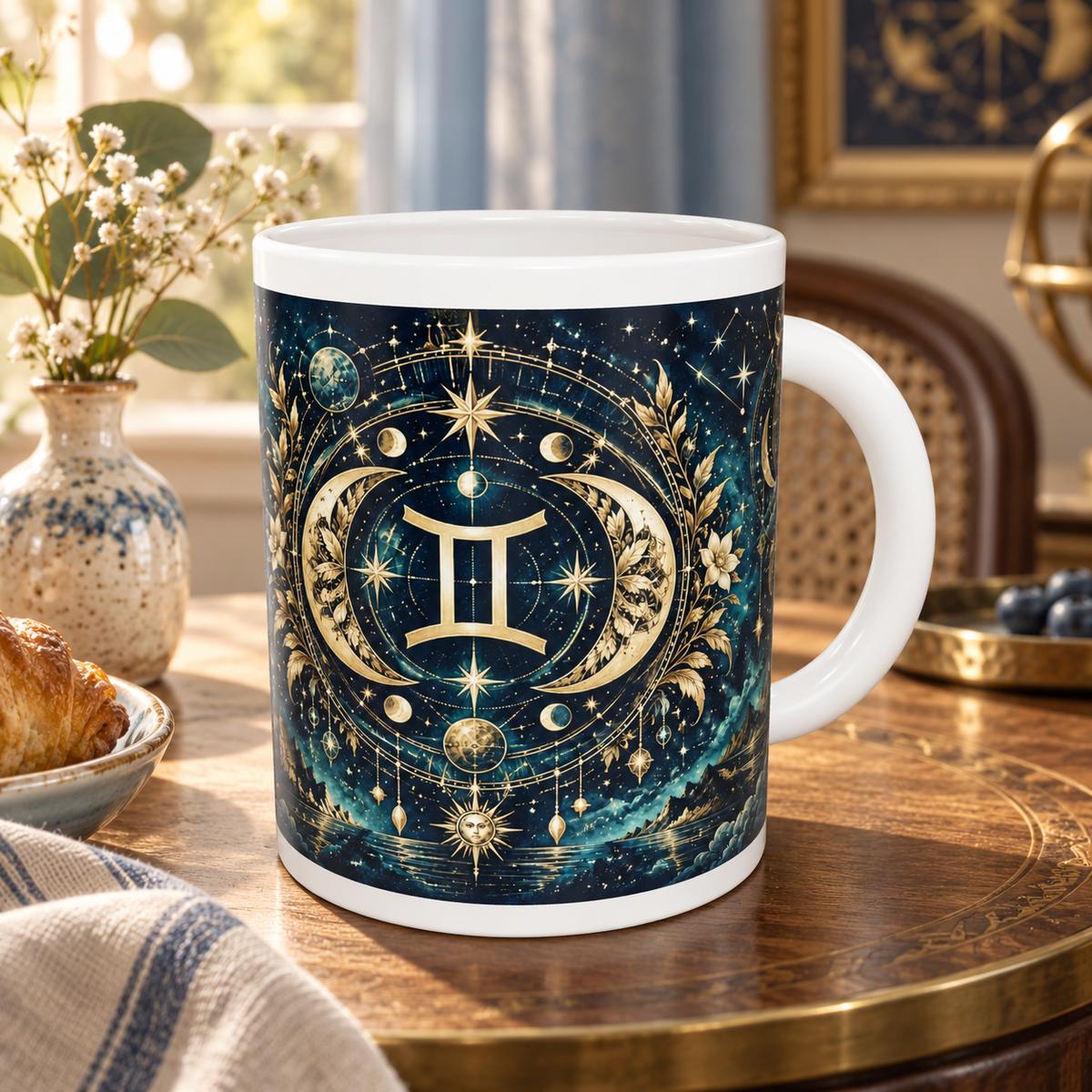 Gemini Celestial zodiac wraparound mug, back view with white top and bottom borders