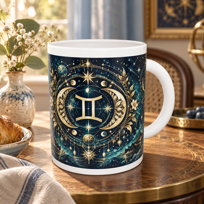 Gemini Celestial zodiac wraparound mug, back view with white top and bottom borders