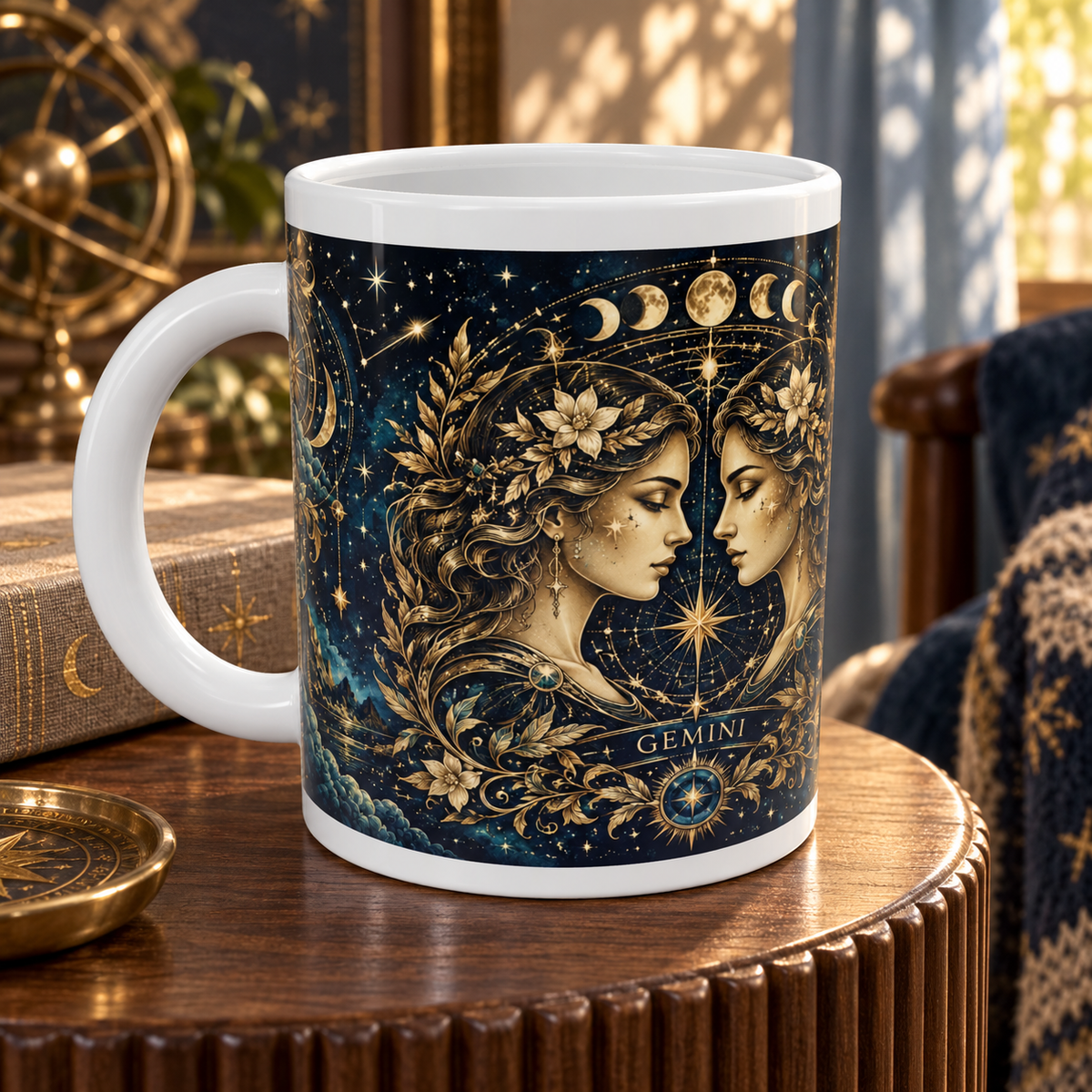 Gemini Celestial zodiac wraparound mug, detail view with white top and bottom borders