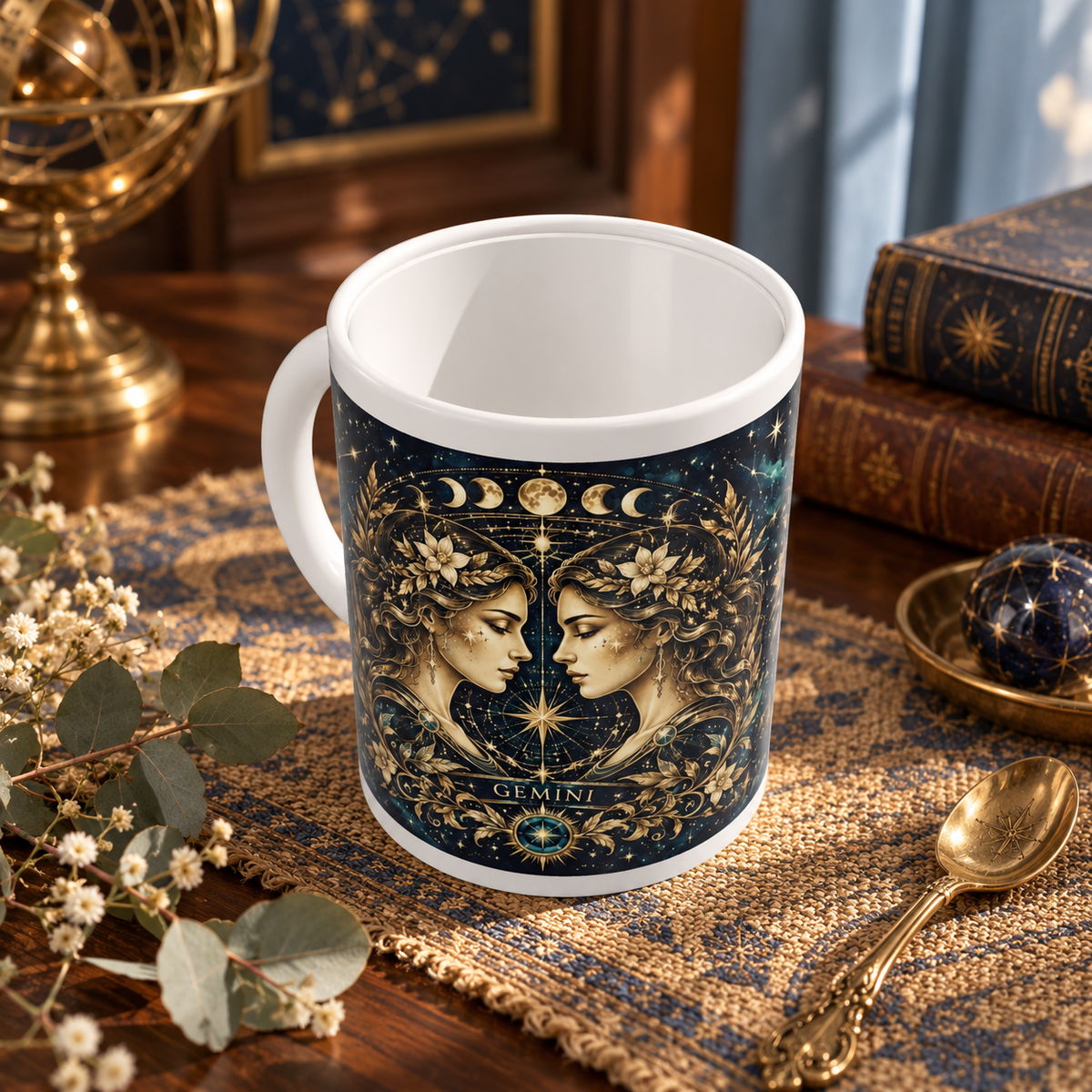 Gemini Celestial zodiac wraparound mug, above view with white top and bottom borders