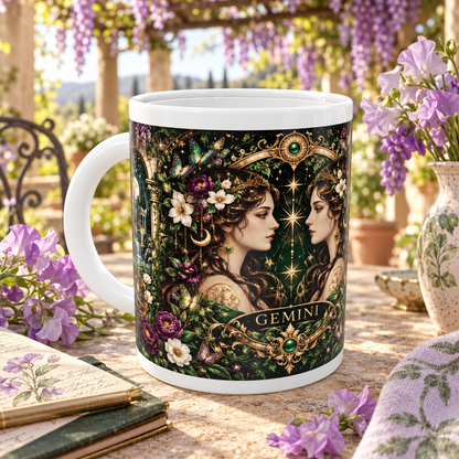 Gemini Enchanted Garden zodiac wraparound mug, front view with white top and bottom borders