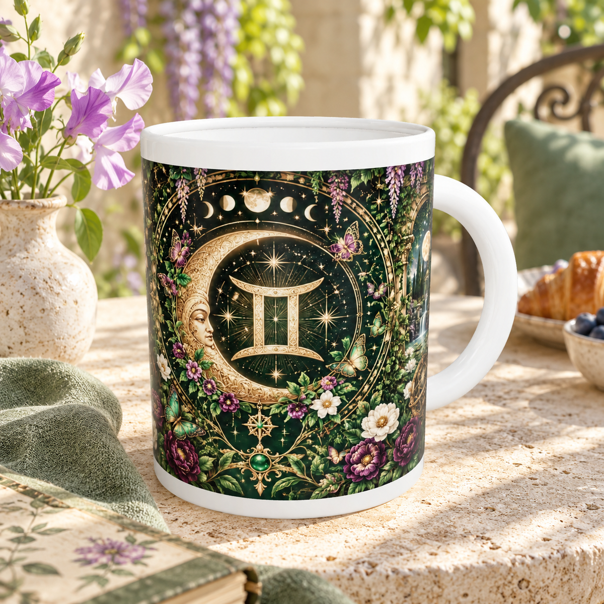 Gemini Enchanted Garden zodiac wraparound mug, back view with white top and bottom borders