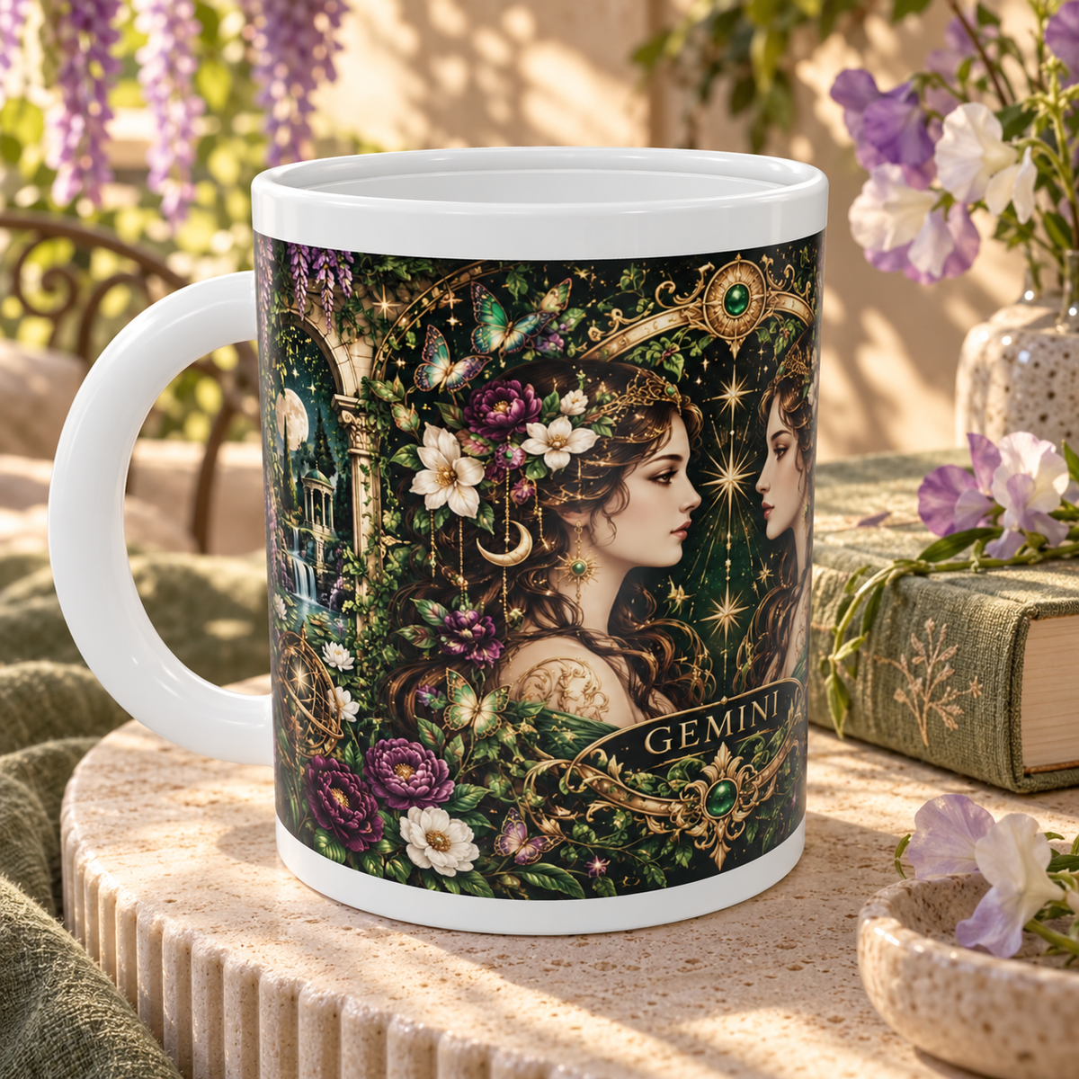Gemini Enchanted Garden zodiac wraparound mug, detail view with white top and bottom borders