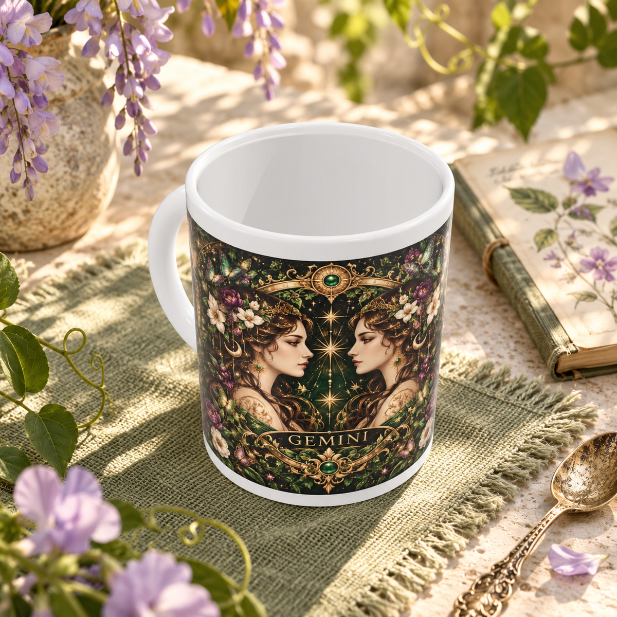 Gemini Enchanted Garden zodiac wraparound mug, above view with white top and bottom borders