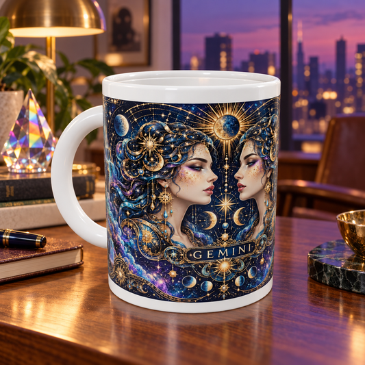 Gemini Cosmic Tapestry zodiac wraparound mug, front view with white top and bottom borders