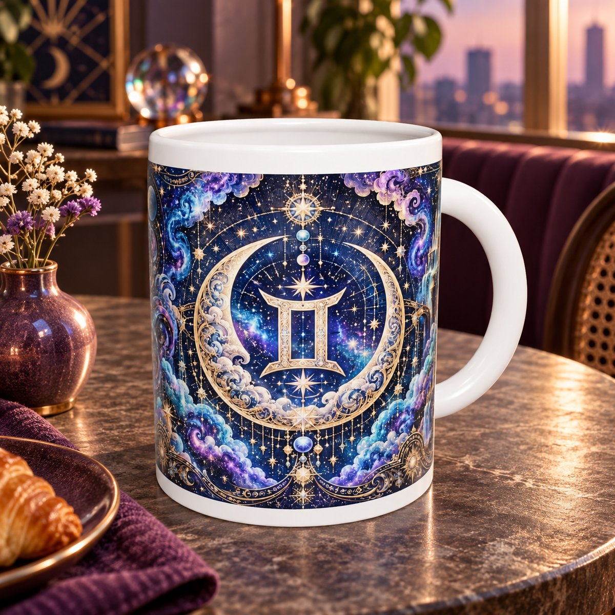 Gemini Cosmic Tapestry zodiac wraparound mug, back view with white top and bottom borders