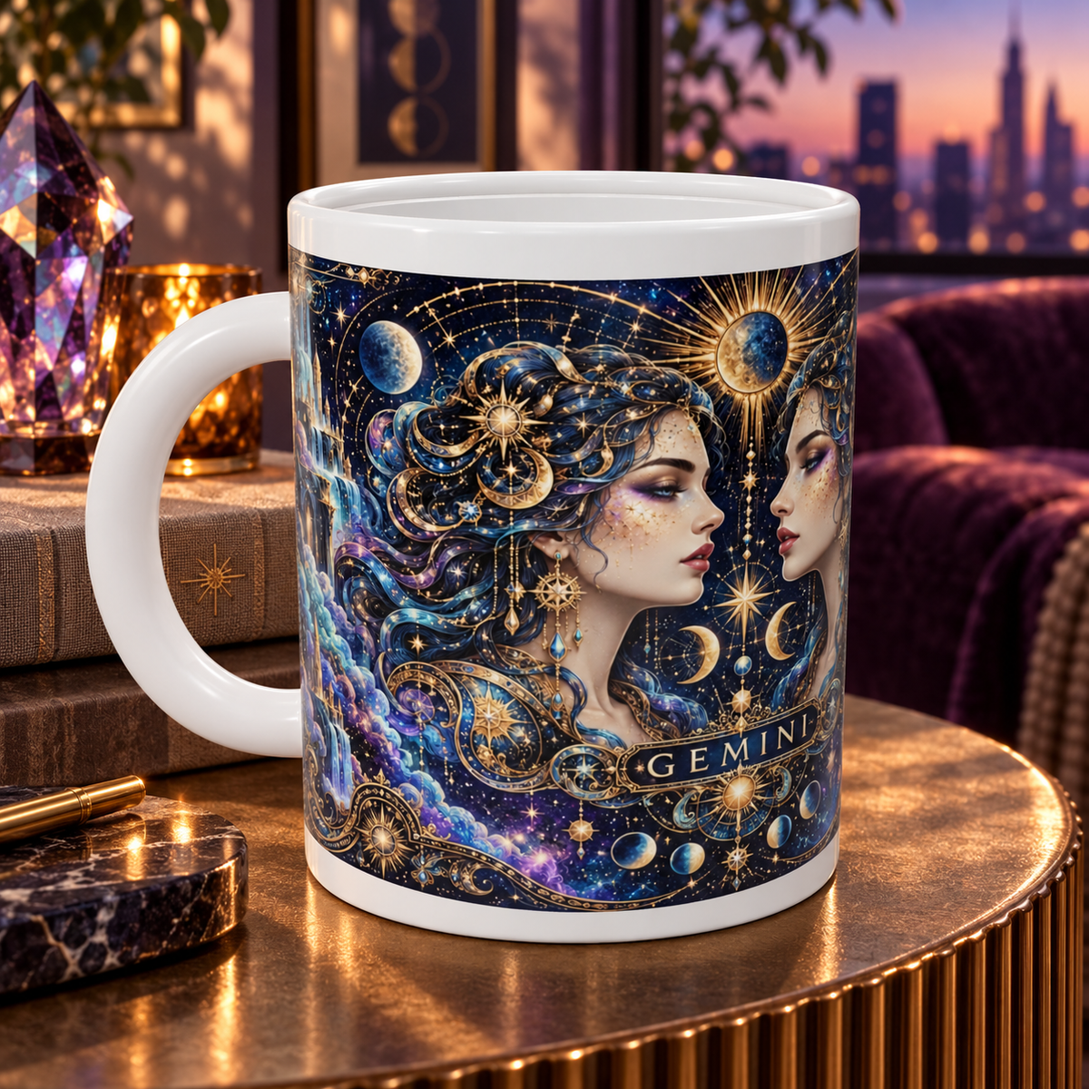 Gemini Cosmic Tapestry zodiac wraparound mug, detail view with white top and bottom borders