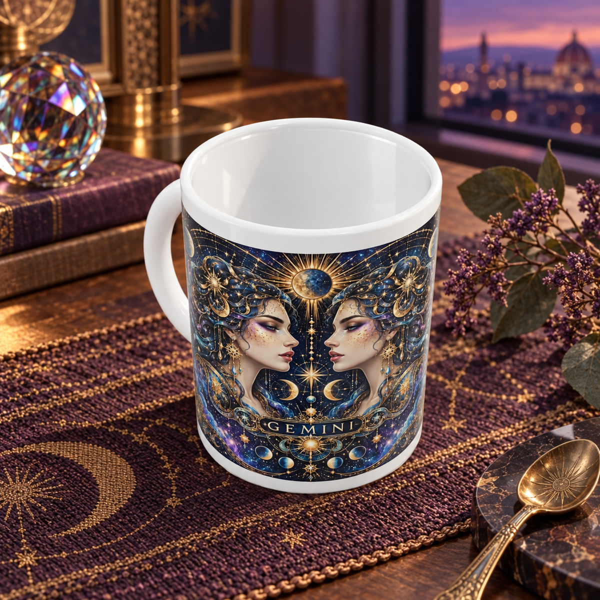 Gemini Cosmic Tapestry zodiac wraparound mug, above view with white top and bottom borders