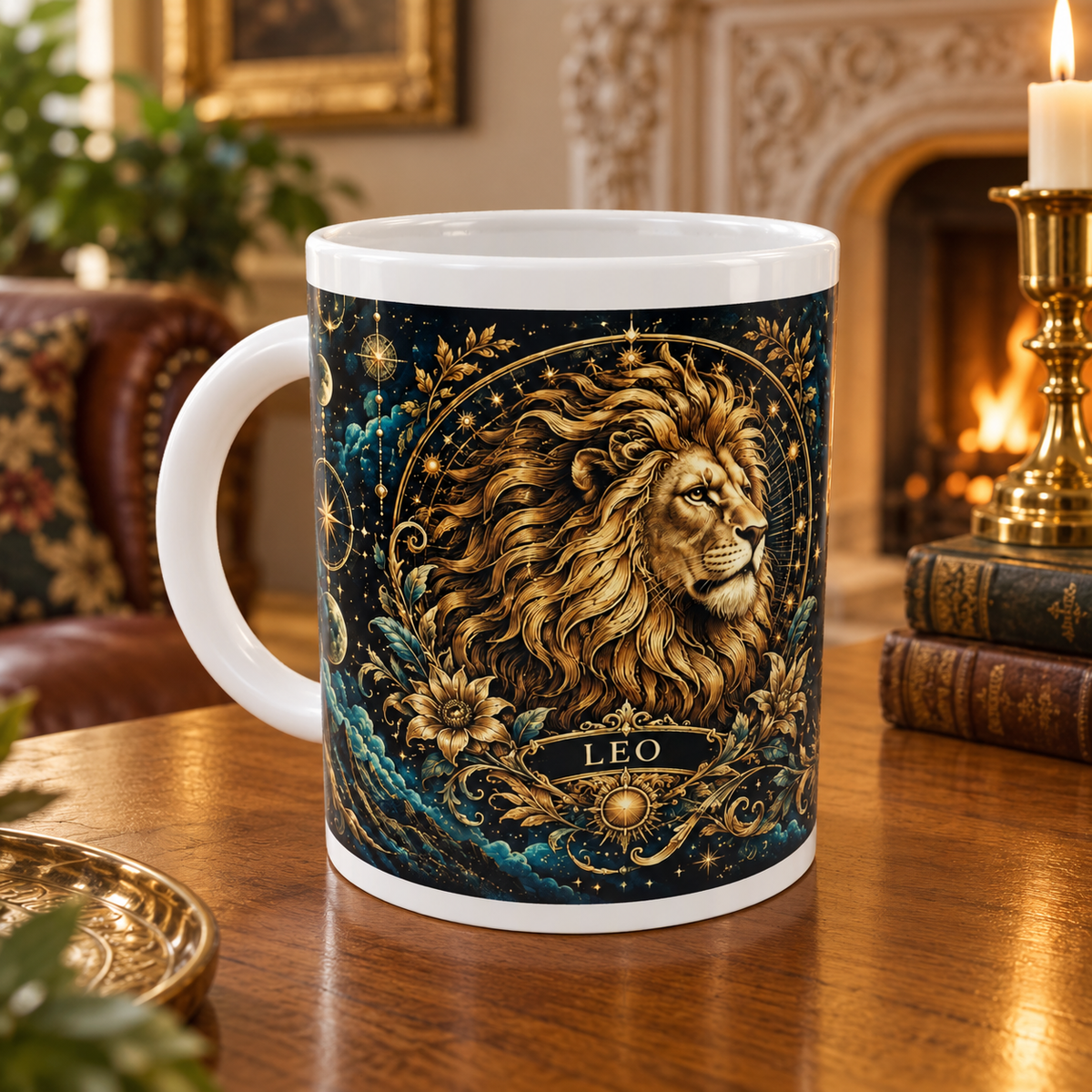 Leo Celestial zodiac wraparound mug, front view with white top and bottom borders