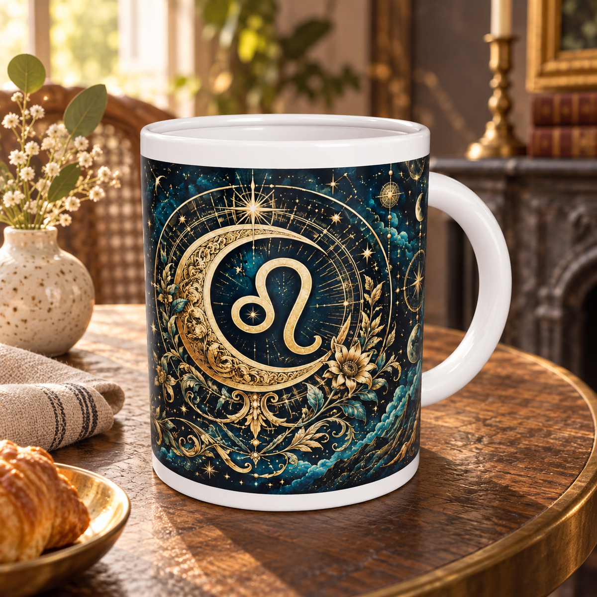 Leo Celestial zodiac wraparound mug, back view with white top and bottom borders