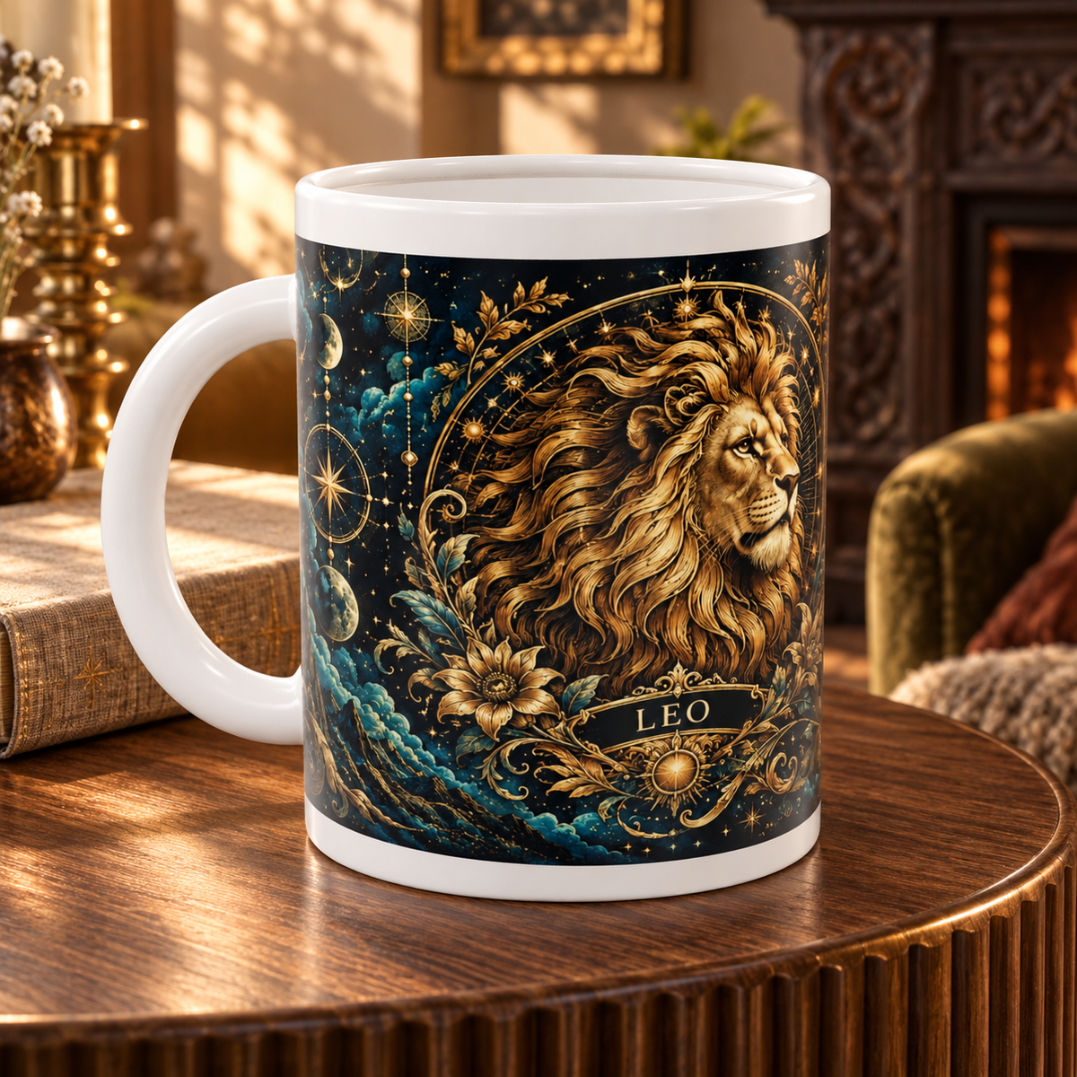 Leo Celestial zodiac wraparound mug, detail view with white top and bottom borders