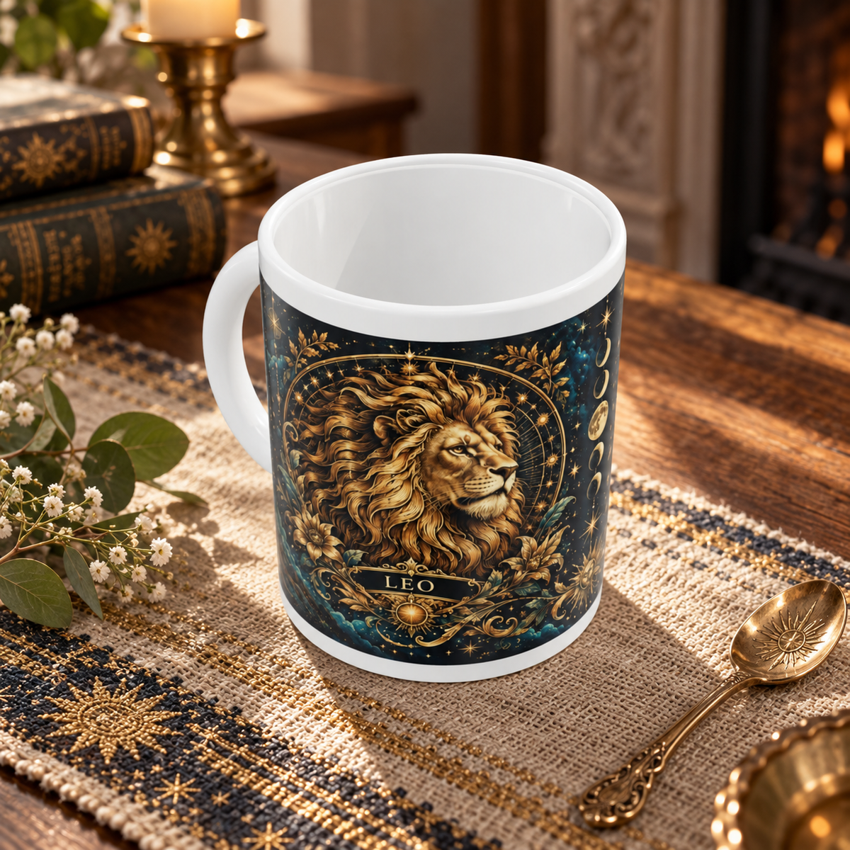 Leo Celestial zodiac wraparound mug, above view with white top and bottom borders