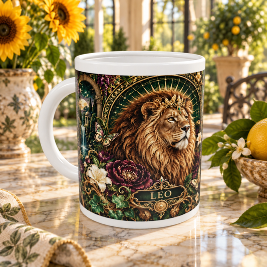 Leo Enchanted Garden zodiac wraparound mug, front view with white top and bottom borders