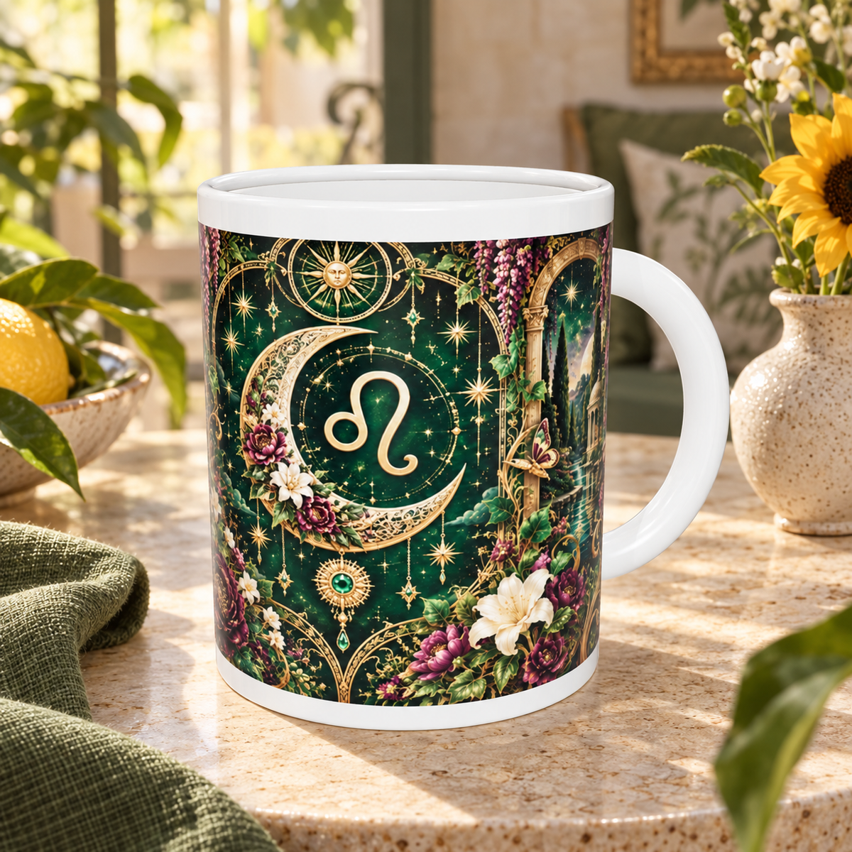 Leo Enchanted Garden zodiac wraparound mug, back view with white top and bottom borders