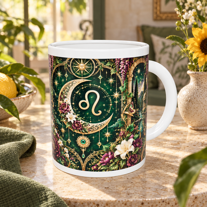 Leo Enchanted Garden zodiac wraparound mug, back view with white top and bottom borders