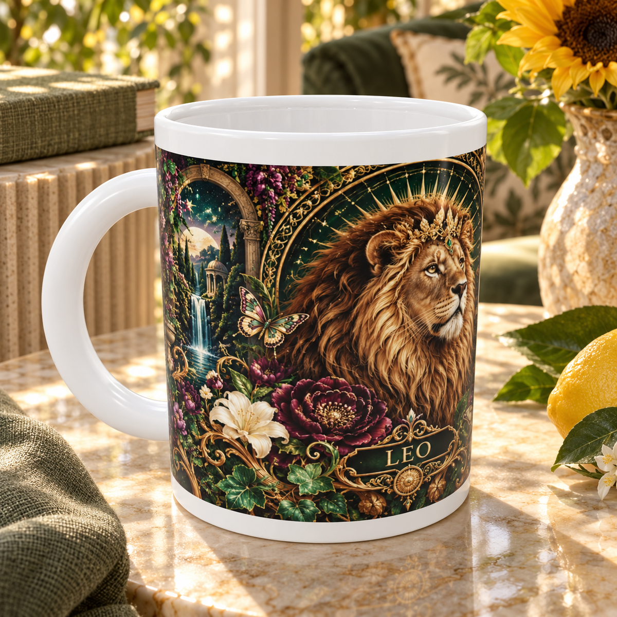 Leo Enchanted Garden zodiac wraparound mug, detail view with white top and bottom borders
