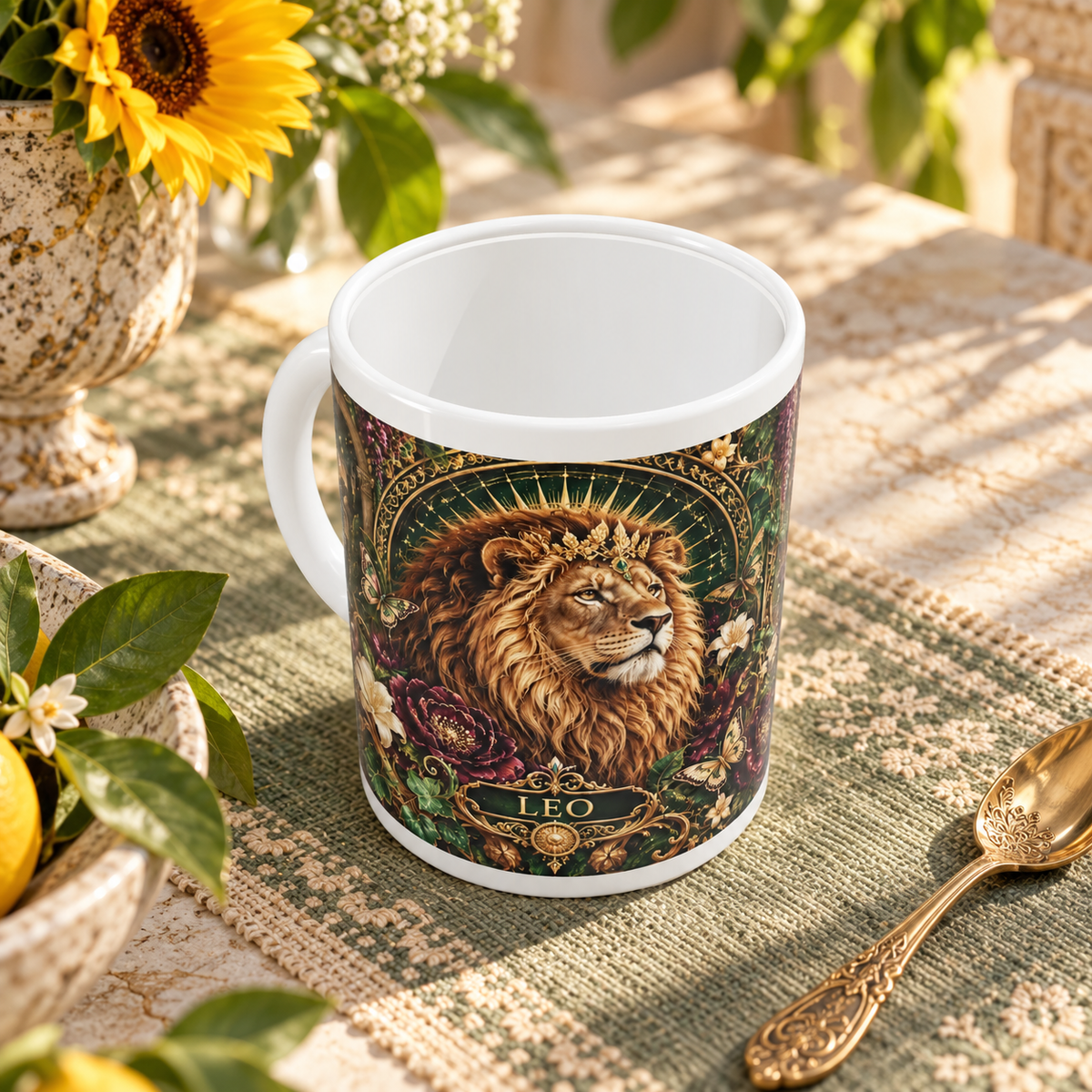 Leo Enchanted Garden zodiac wraparound mug, above view with white top and bottom borders
