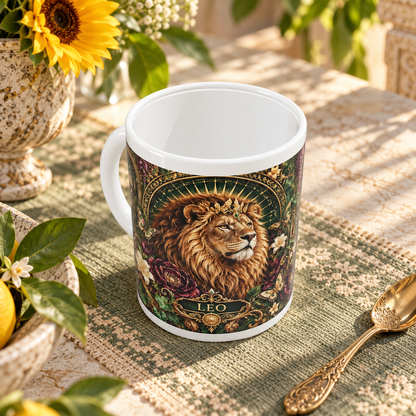 Leo Enchanted Garden zodiac wraparound mug, above view with white top and bottom borders