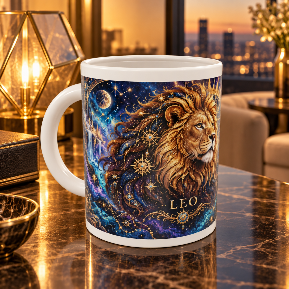 Leo Cosmic Tapestry zodiac wraparound mug, front view with white top and bottom borders