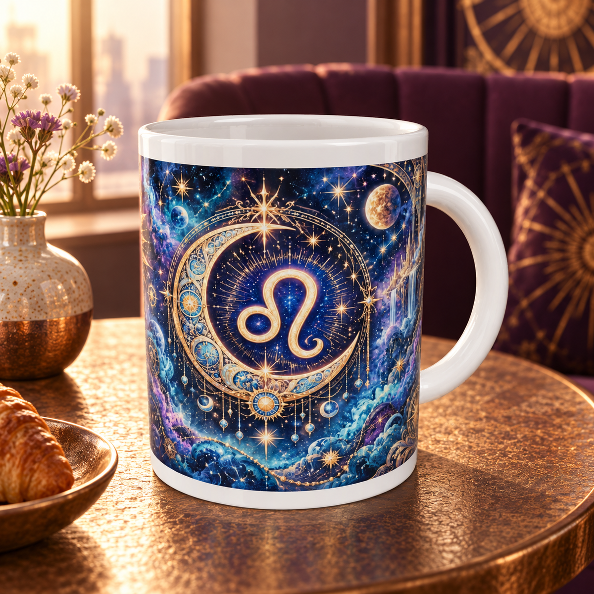 Leo Cosmic Tapestry zodiac wraparound mug, back view with white top and bottom borders