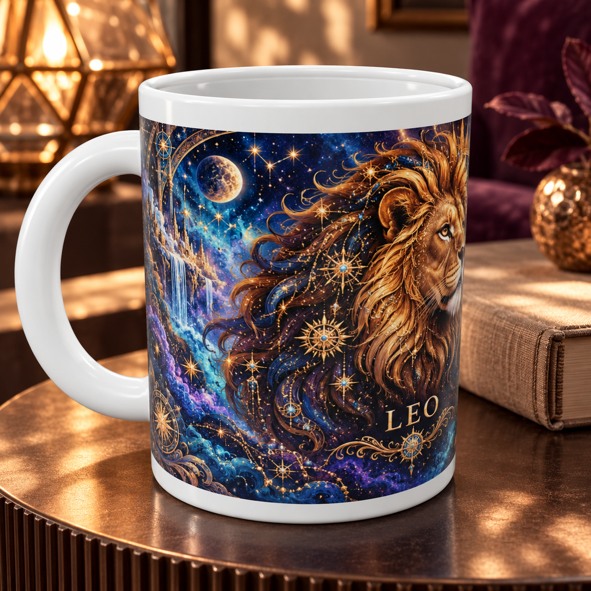 Leo Cosmic Tapestry zodiac wraparound mug, detail view with white top and bottom borders