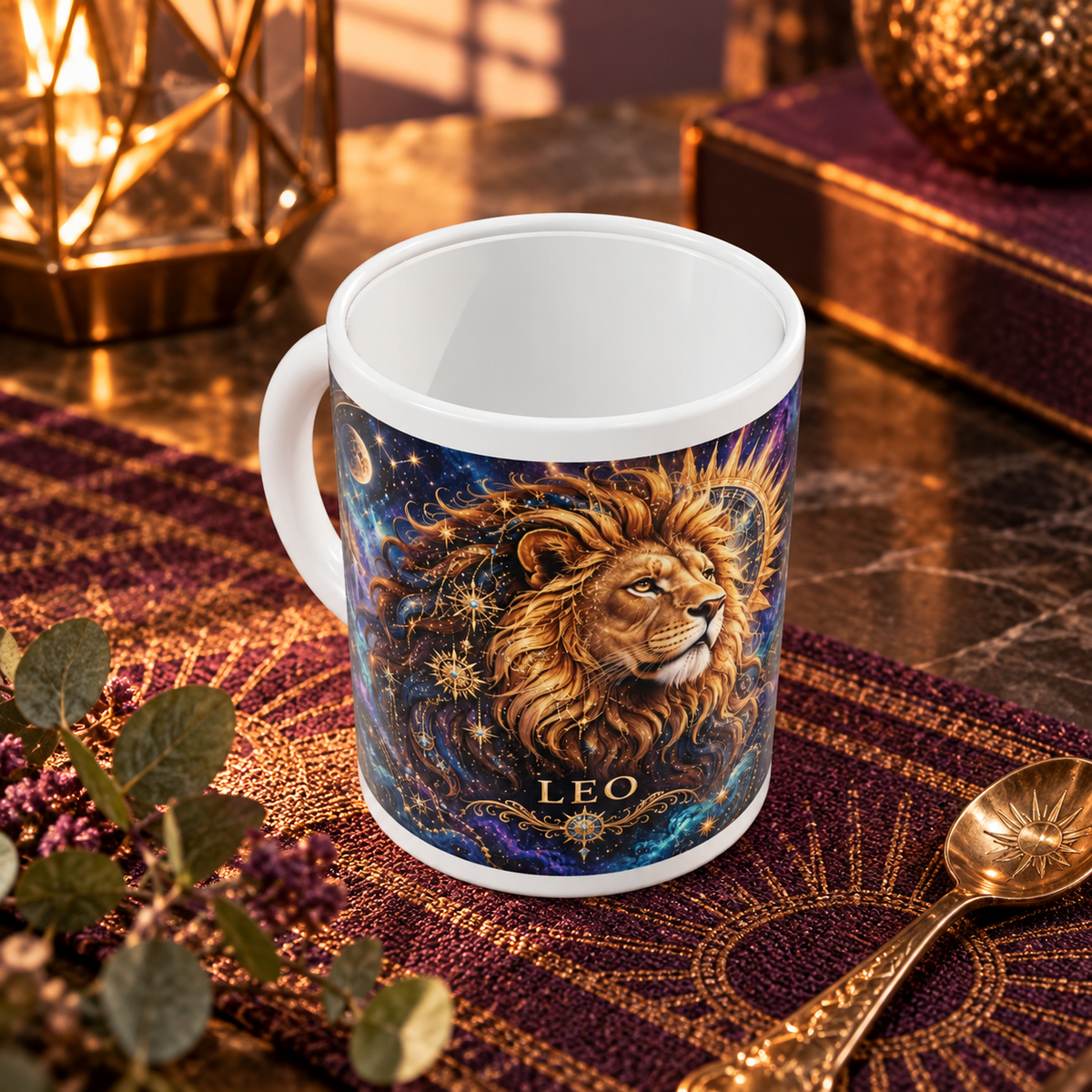 Leo Cosmic Tapestry zodiac wraparound mug, above view with white top and bottom borders
