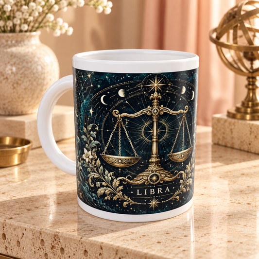 Libra Celestial zodiac wraparound mug, front view with white top and bottom borders
