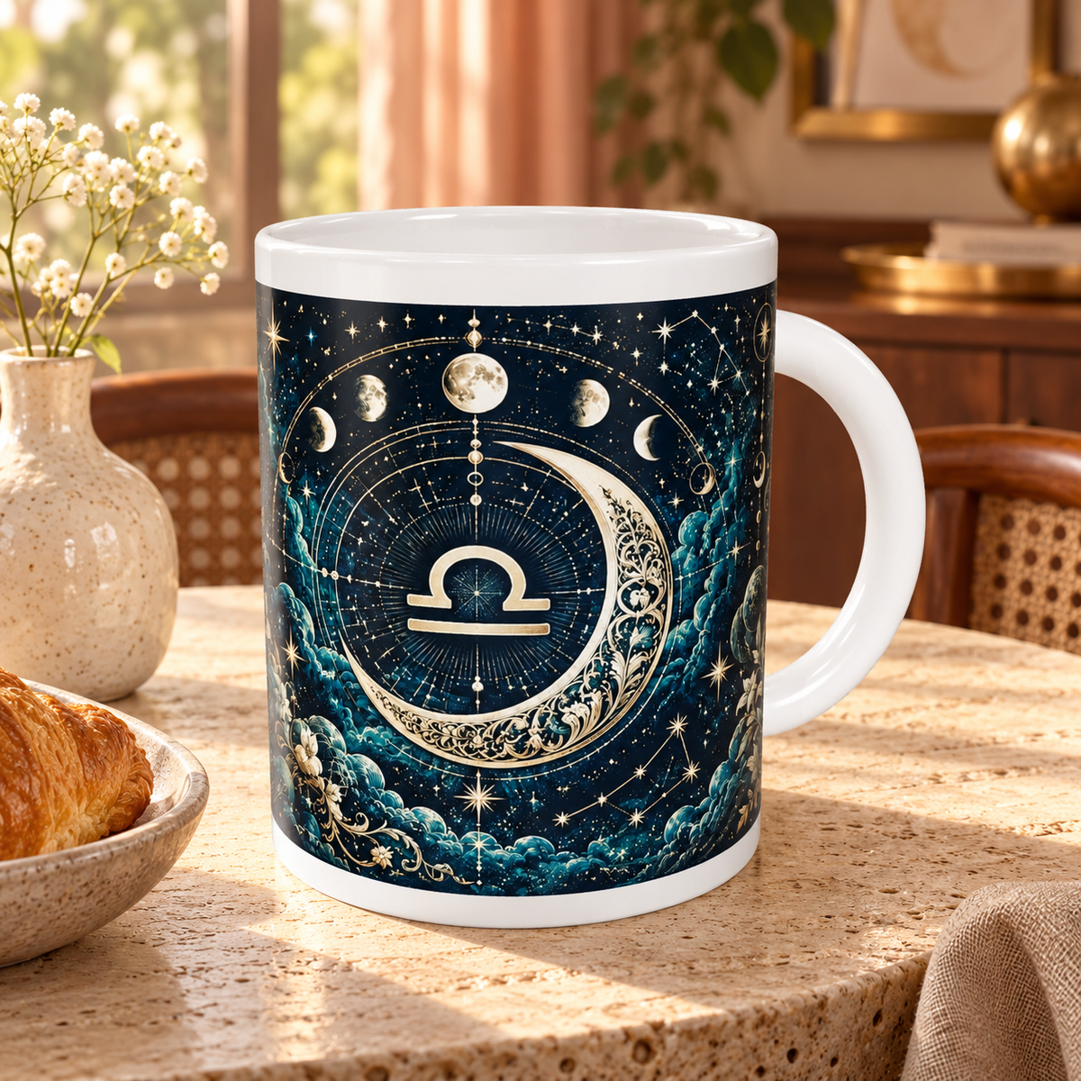 Libra Celestial zodiac wraparound mug, back view with white top and bottom borders