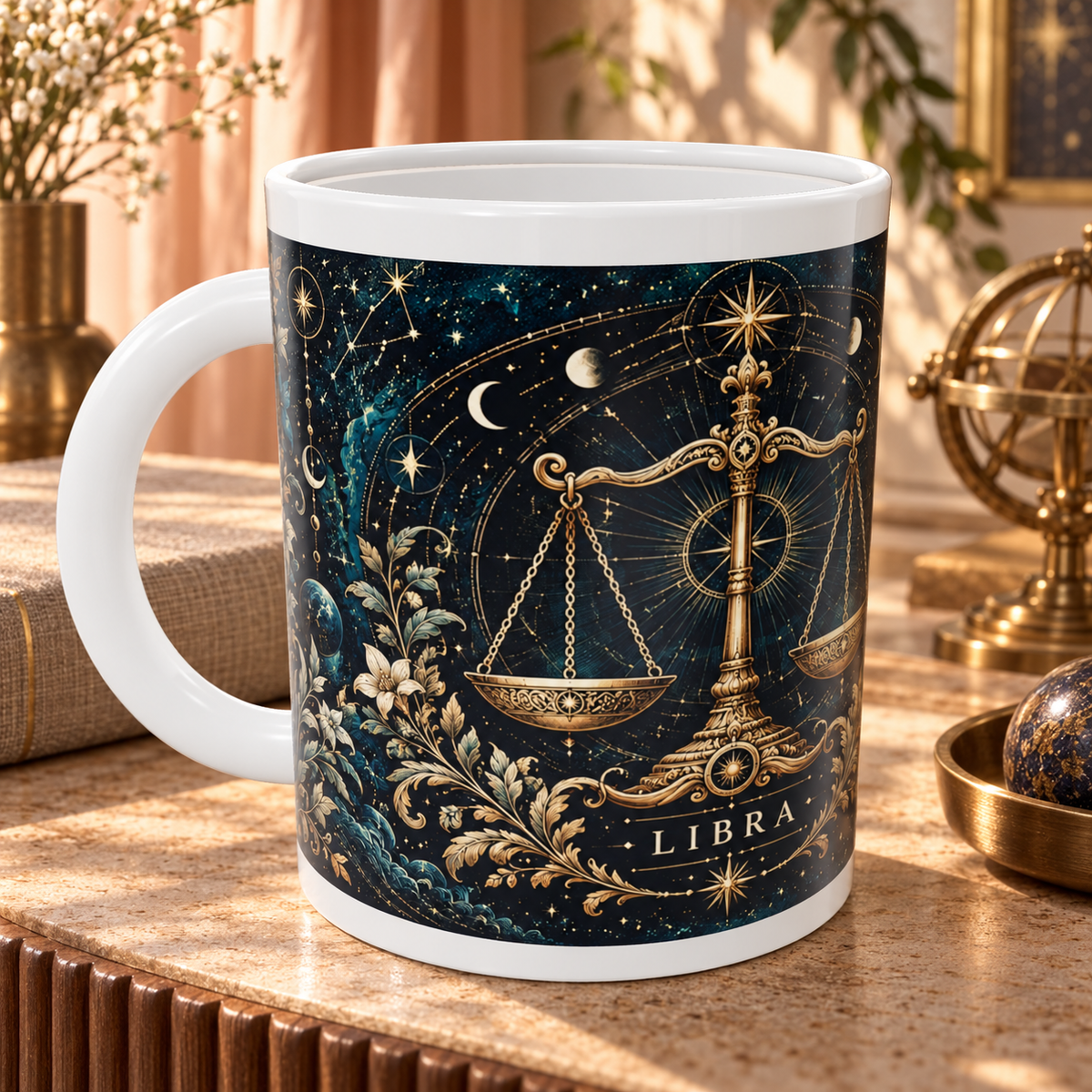 Libra Celestial zodiac wraparound mug, detail view with white top and bottom borders