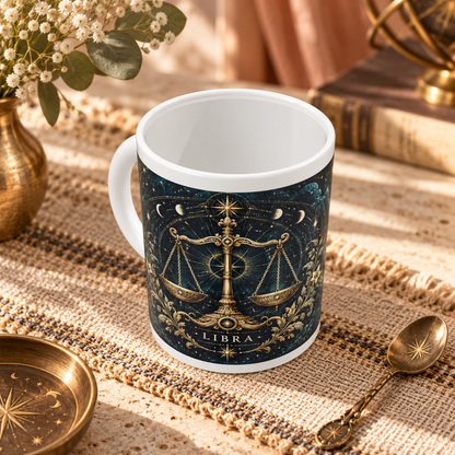 Libra Celestial zodiac wraparound mug, above view with white top and bottom borders