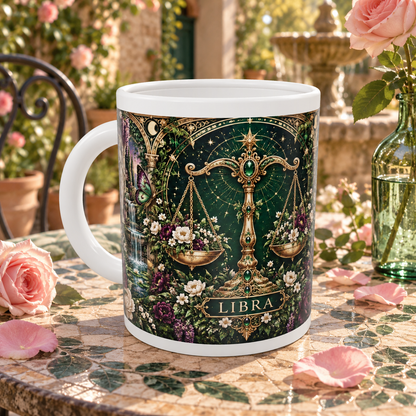 Libra Enchanted Garden zodiac wraparound mug, front view with white top and bottom borders