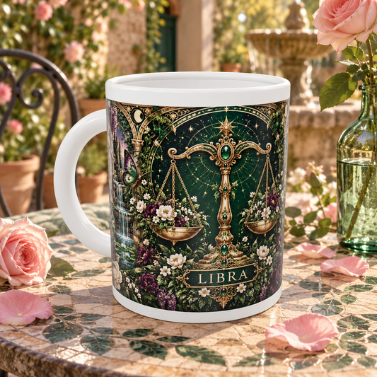 Libra Enchanted Garden zodiac wraparound mug, front view with white top and bottom borders