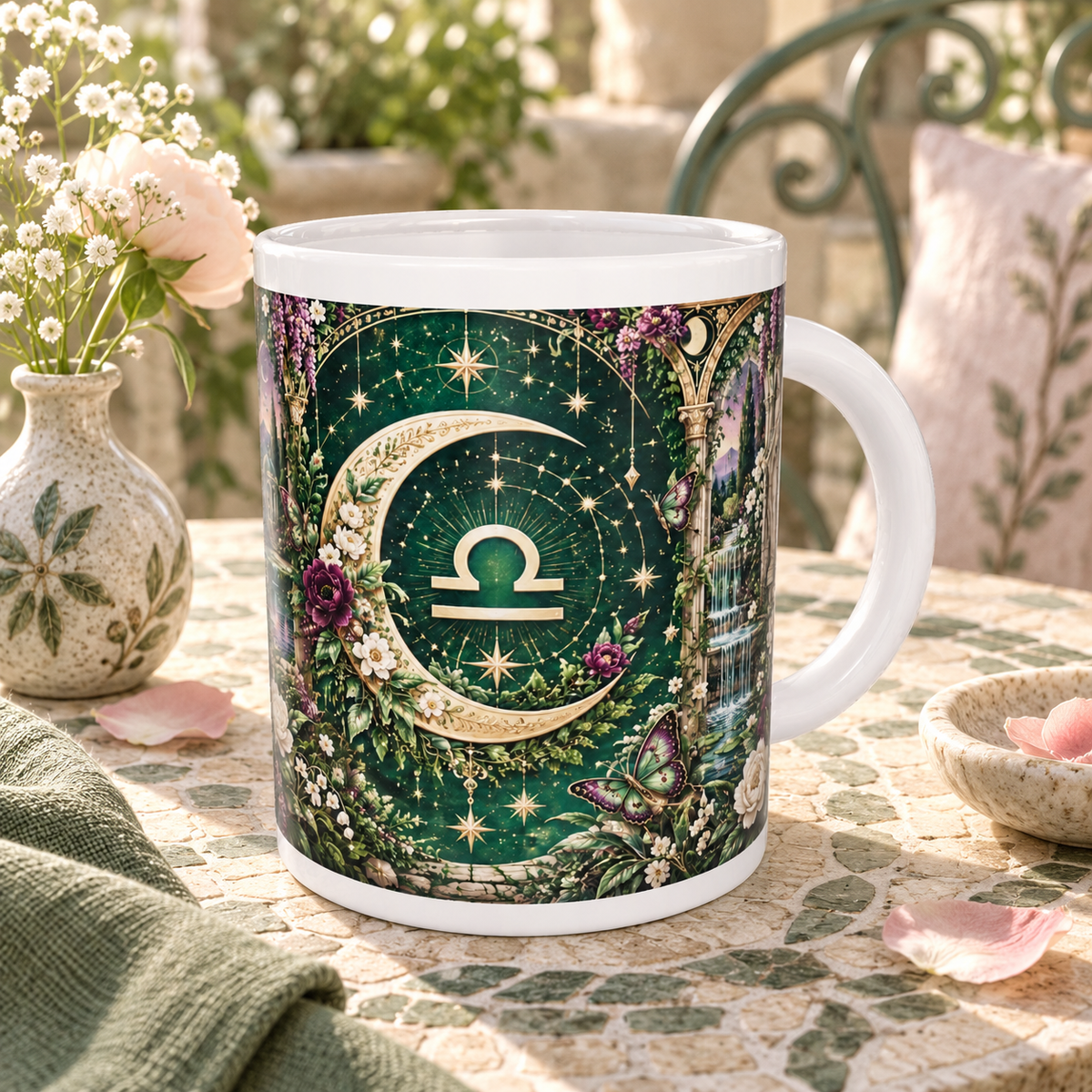 Libra Enchanted Garden zodiac wraparound mug, back view with white top and bottom borders