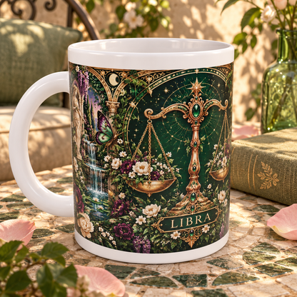Libra Enchanted Garden zodiac wraparound mug, detail view with white top and bottom borders