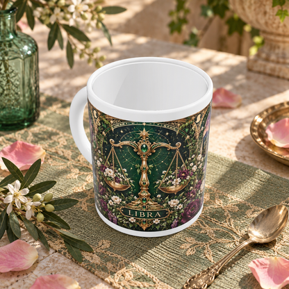 Libra Enchanted Garden zodiac wraparound mug, above view with white top and bottom borders
